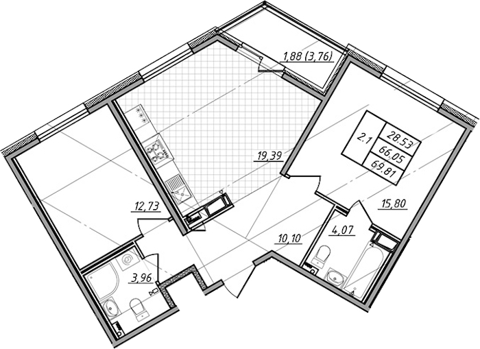 2-комнатная квартира 66.05 м², 2/14 эт., ЖК «Чёрная речка»